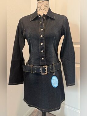 NWT Vintage Neeso Jeans Dark Wash Denim Button-Front Mini Dress with Belt